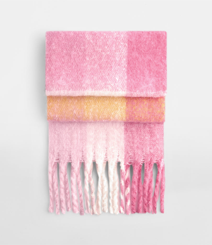 Ladies Pink Chequered VELA Fluffy Scarf